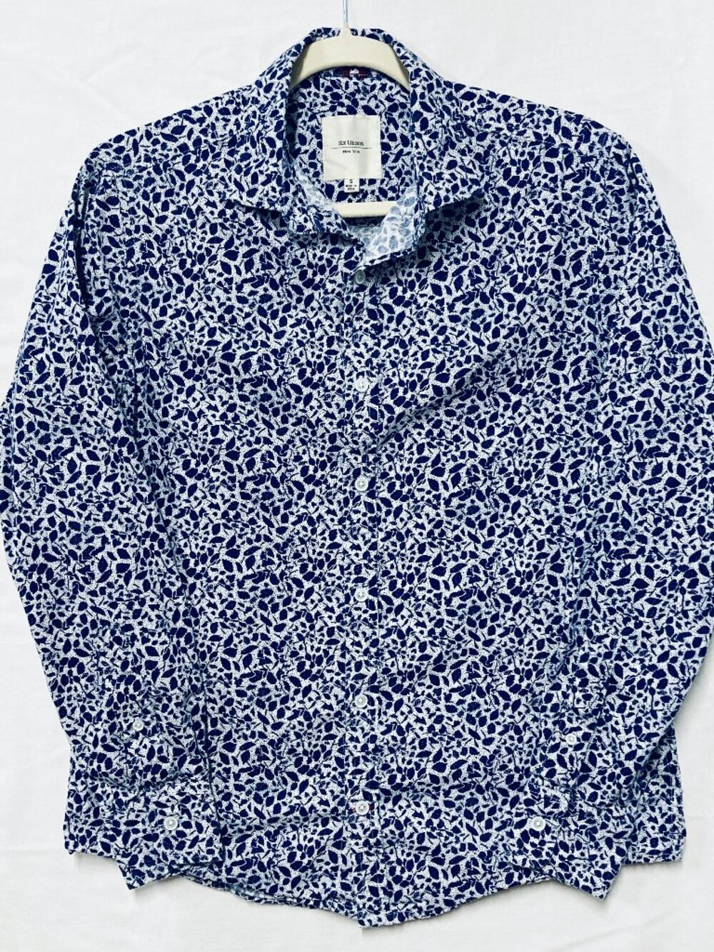 Mens Shirt Six Lincoln Size Small Blue White Leaf print Button Up